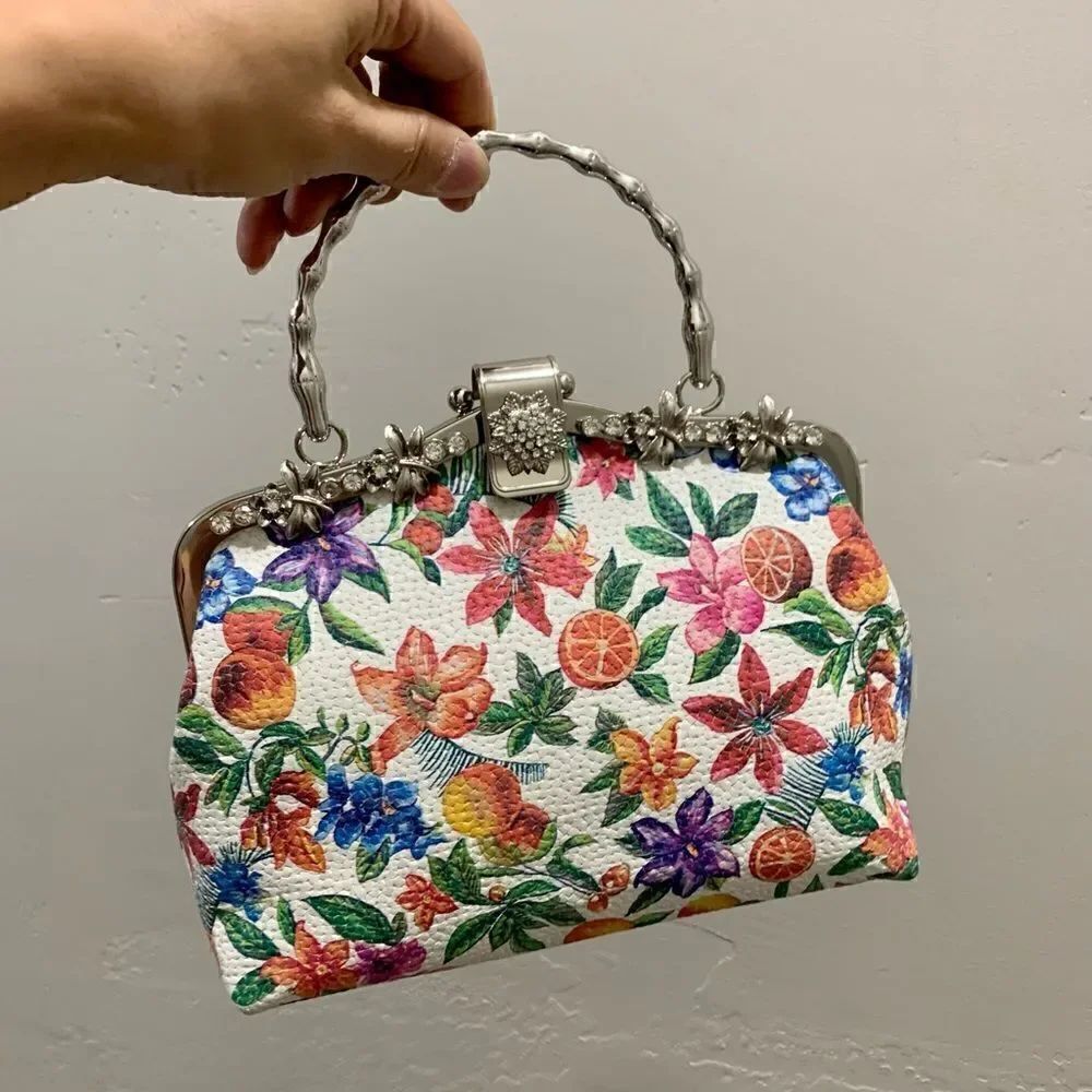 Handmade Genuine Embossed Leather Rhinestone Metal Frame Handbag & Small Purse - Picture 5 of 16